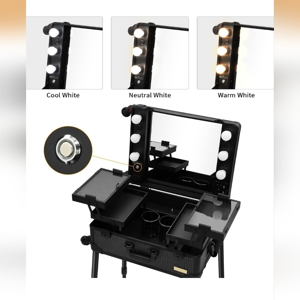 Portable Luggage Rolling Vanity Black Makeup Trolley W/ Mirror & Lights (NWOT)✨️ - Picture 4 of 5